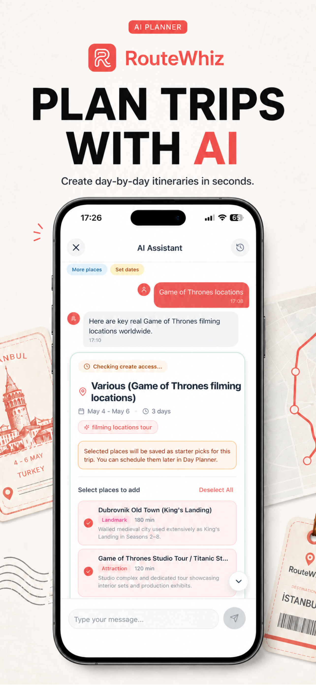RouteWhiz AI travel planner chat generating an AI itinerary