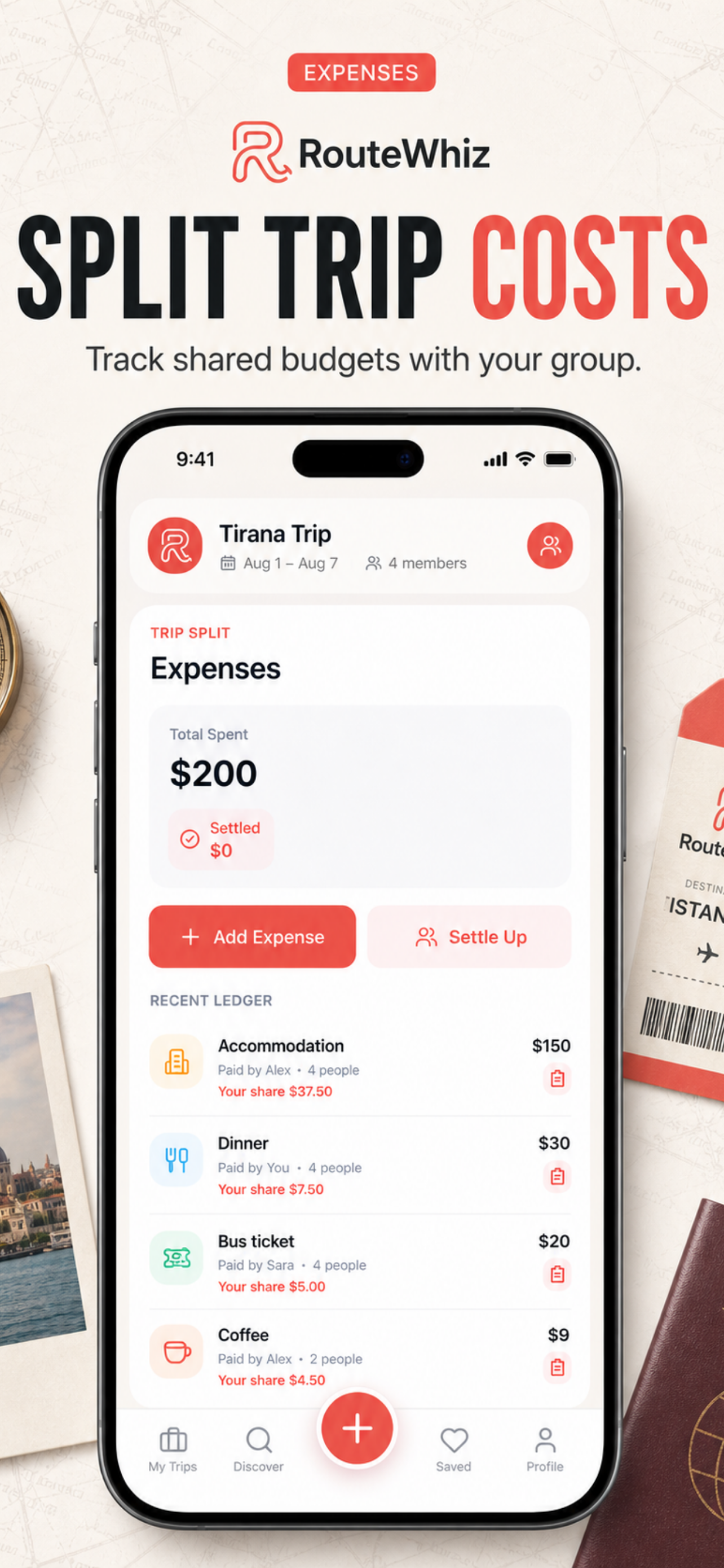 RouteWhiz shared travel budget and expenses screen